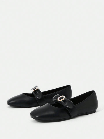 Women'S Black Pu Leather Round Toe Ballerina Flats With Bowknot Decoration