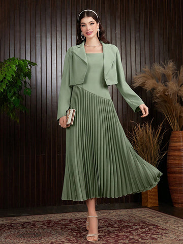 Women's Solid Color Drop Shoulder Long Sleeve Blazer And Pleated Sleeveless Dress Set