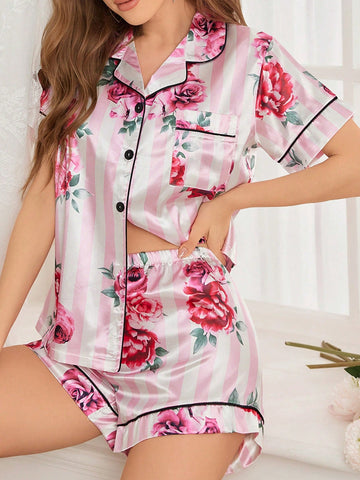 Silk-Like Floral Printed Pajama Set
