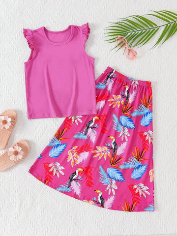 (Little) Girls' Solid Color Sleeveless Top And Tropical Pattern Printed Skirt Two-Piece Set