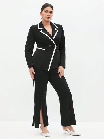 Plus Size Color Block Casual Suit With Open Front Blazer And Wide Leg Pants