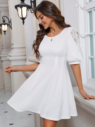 Women's Solid Color Round Neck Short Puff Sleeve Summer Wedding Party  White Dress