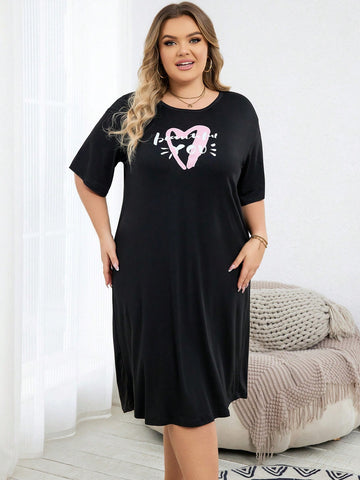 Plus Size Casual Fun Heart & English Text Printed Black Sleep Dress Can Be Worn Out