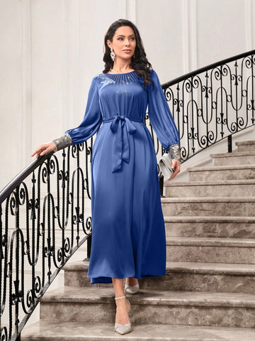 Ladies' Long Sleeve Arabic Style Dress With Rhinestone Decoration