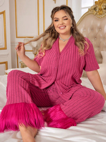 Plus Size Pajama Set With Button Front Top, Pants And Furry Decoration