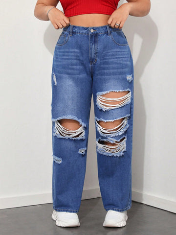 Plus Size Women's Distressed Hole Design Straight Leg Jeans