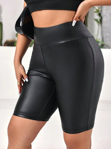 Women's Plus Size Solid Pu Leather Shorts Leggings