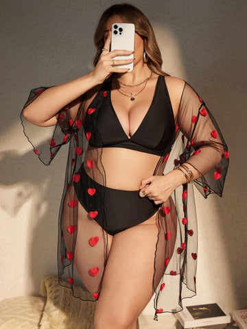 Large Size Heart Embroidered Mesh Front Kimono Blouse