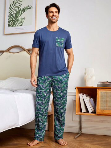 Men's Pocket Decor Short Sleeve T-Shirt And Printed Sleep Shorts Home Wear Set