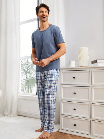 Men's Solid Color Short Sleeve Top And Plaid Long Pants Homewear Set