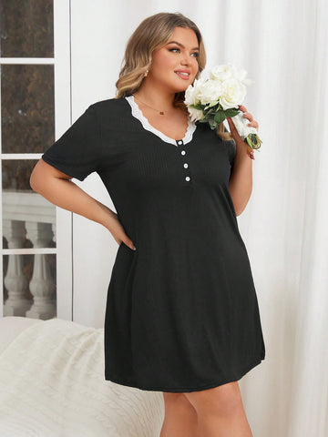 Loose Fit Casual Plus Size Women's Short Sleeve Lace Trimmed Sleep Dress