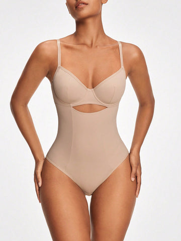 Women's Solid Color, Hollow Out, Slimming Bodysuit With Thin Shoulder Straps