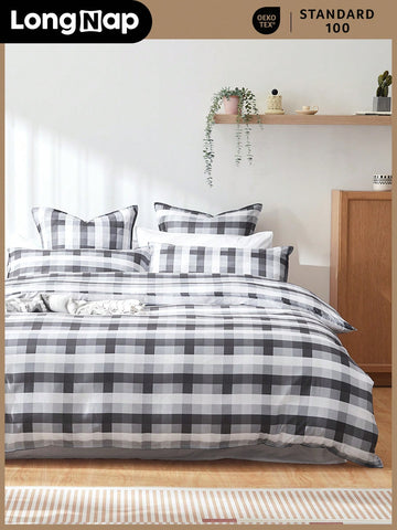 3pcs 95GSM Thicker Premium Gingham Preppy Style Duvet Cover Bedding Set, Crisp Feeling & Breathable For Hot Sleepers, Perfect For Bedroom Dorm, Duvet Cover With Buttons & 8 Coner Ties*1, Pillowcase*1/2, Black