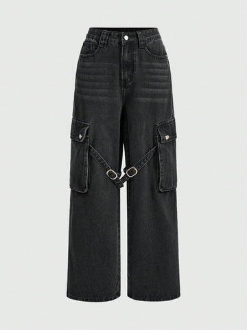 Women's Cargo Pocketed Belted Cat Claw Washed Denim Wide Leg Pants