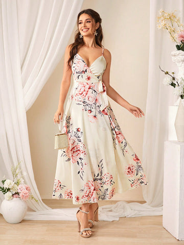 Floral Printed Overlapping Strap Tie Back Bridesmaid Cami Dress