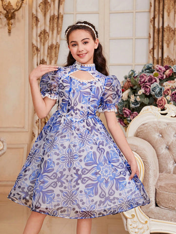Tween Girls' Slim Fit Cute Vintage Court Style Dress With Stand Collar, Puff Sleeves, Hollow Out Detail And Mid-Length