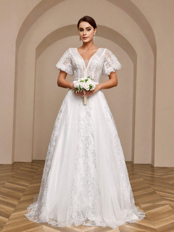 Elegant Pearl Embellished Pleated Mesh Lantern Sleeve Ball Gown Wedding Dress With Dramatic Train