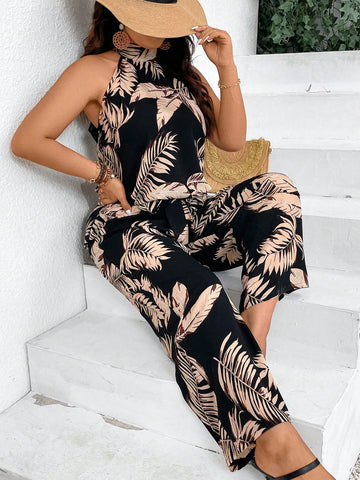 Plus Size Women's Plant Printed Halter Top And Pants Set