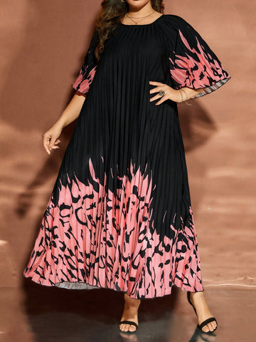Plus Size Color-Block Printed Pleated Patchwork Dress