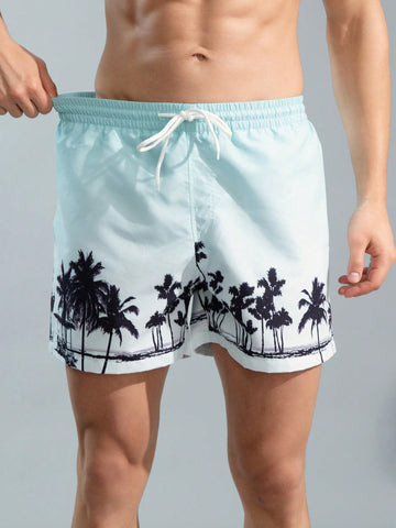 Men's Gradient Color Coconut Tree Printed Beach Shorts