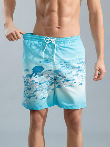 Men's Drawstring Beach Shorts With Undersea Fish Print