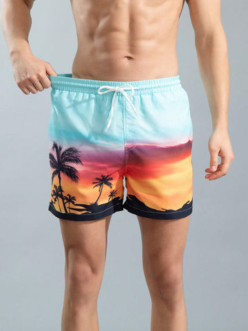 Men's Palm Tree Printed Beach Shorts