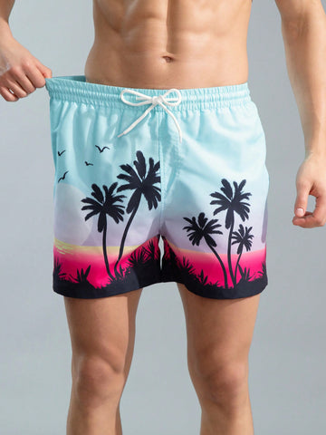 Men's Drawstring Beach Shorts With Palm Tree Print
