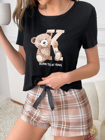 Bear & Letter Printed Top And Plaid Shorts Set, Home Wear, 2pcs