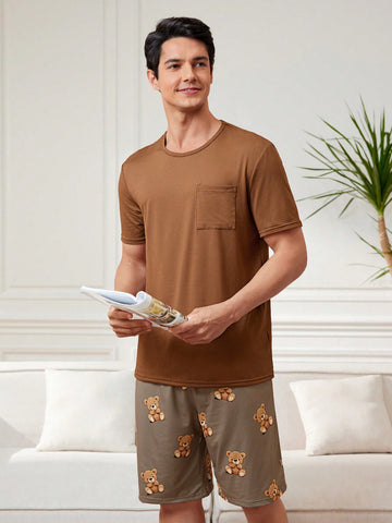 Men's Solid Color Short Sleeve Pajama Set With Teddy Bear Print Shorts