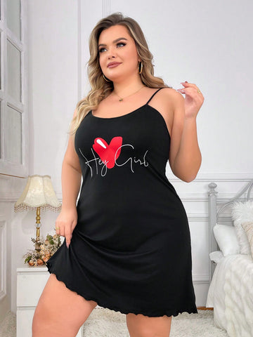 Plus Size Love & Letter Print Cami Dress With Allover Print