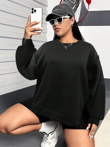 Women's Plus Size Drop Shoulder Solid Color Sweatshirt