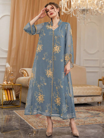 Flower Embroidery Loose Fit Notched Neckline Dress