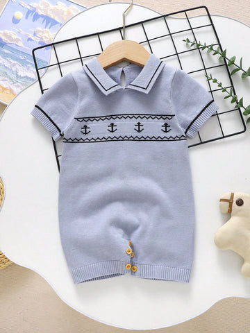 Baby Boy's Color Block Striped Anchor Pattern Sweater Romper
