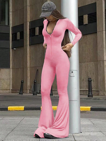 Ladies' Solid Color Slim Fit Jumpsuit With Flared Hem