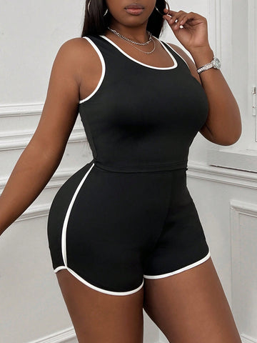 Plus Size Black And White Contrast Stretch Knitted Casual Vest Shorts Suit