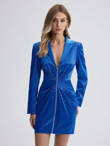 Women's Fashionable Solid Color Rhinestone Decor Pleated Front Zipper Waistband Blazer Dress
