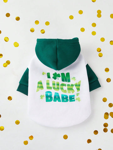 Pet Saint Patrick's Day Slogan Printed Hooded Sweatshirt With Green & White Patchwork