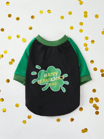 1pc Saint Patrick's Day Letter & Clover Printed Pet Sweatshirt Without Hood In Green