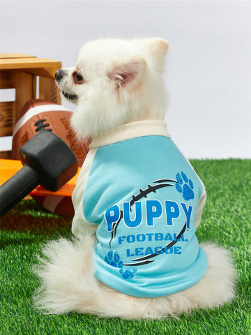 Blue Apricot Patchwork Pet Sweatshirt With Dog Football League Print, Suitable For Both Cats And Dogs