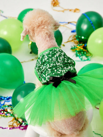 St. Patrick's Day Green Sequin Printed Mesh Pet Tutu Dress, Cute Princess Skirt With Bow