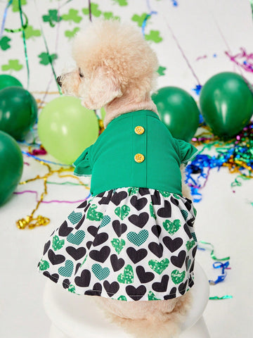 St. Patrick's Day Green Heart Knitted Short Sleeve Princess Dress Formal Dress Fluffy Skirt Pet Clothes