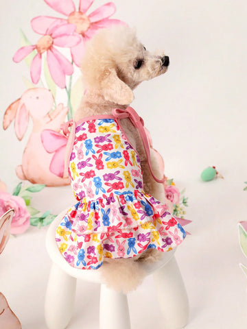 Easter Colorful Rabbit Printed Double-Layered Tutu Skirt With Ruffled Hem And Suspenders