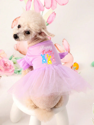 Easter Pink Purple Rabbit Printed Mesh Tutu Skirt Or Princess Dress For Pet Cat Dog