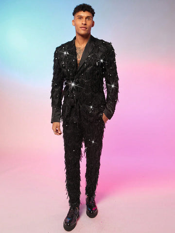 Men's Knitted Leisure Suit Jacket And Pants Two-Piece With Beading