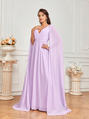 Women's Bridesmaid Dress With Purple Flowing Chiffon Fabric V-Neck Puff Sleeves And Draped Flowing Cape  Bridesmaid Dress