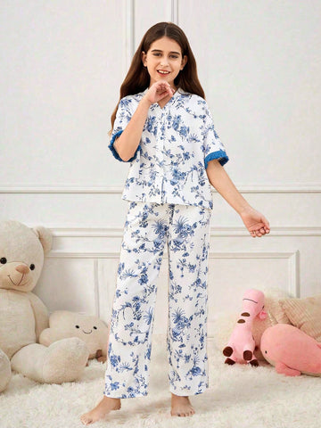 2pcs Tween Girls' Loose Cute Vintage Court Flower Print Comfortable Home Wear Set