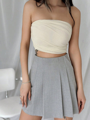 Romantic And Elegant Tight-Fitting Strapless Pleated Apricot-Colored Cropped Top For Women