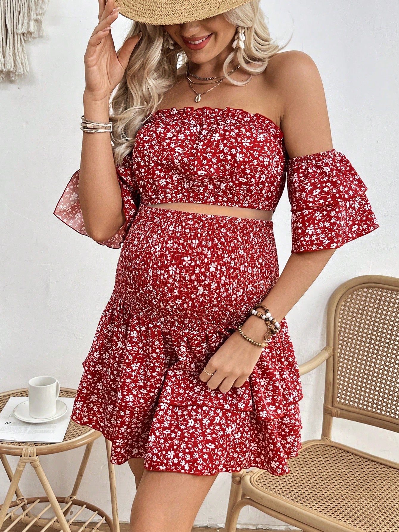Maternity Floral Off-Shoulder Top And Ruffle Hem Skirt Two-Piece Set