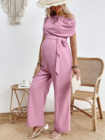 Solid Color Maternity Asymmetrical Neck Jumpsuit