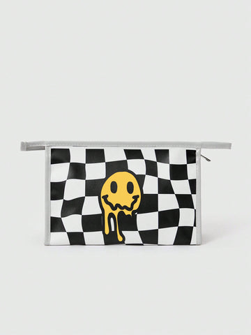1pc Checked Makeup Bag With Smiling Face Pattern